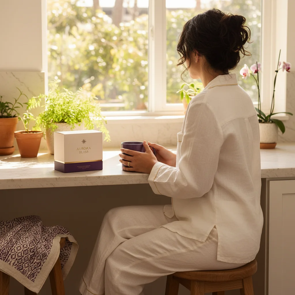 Person enjoying a morning botanical coffee drink at a bright kitchen window